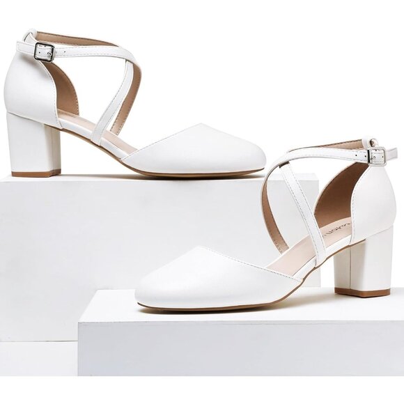 Women's White Synthetic Round Toe Cross Strap Low Block Heeled Dress Pumps - Picture 5 of 6